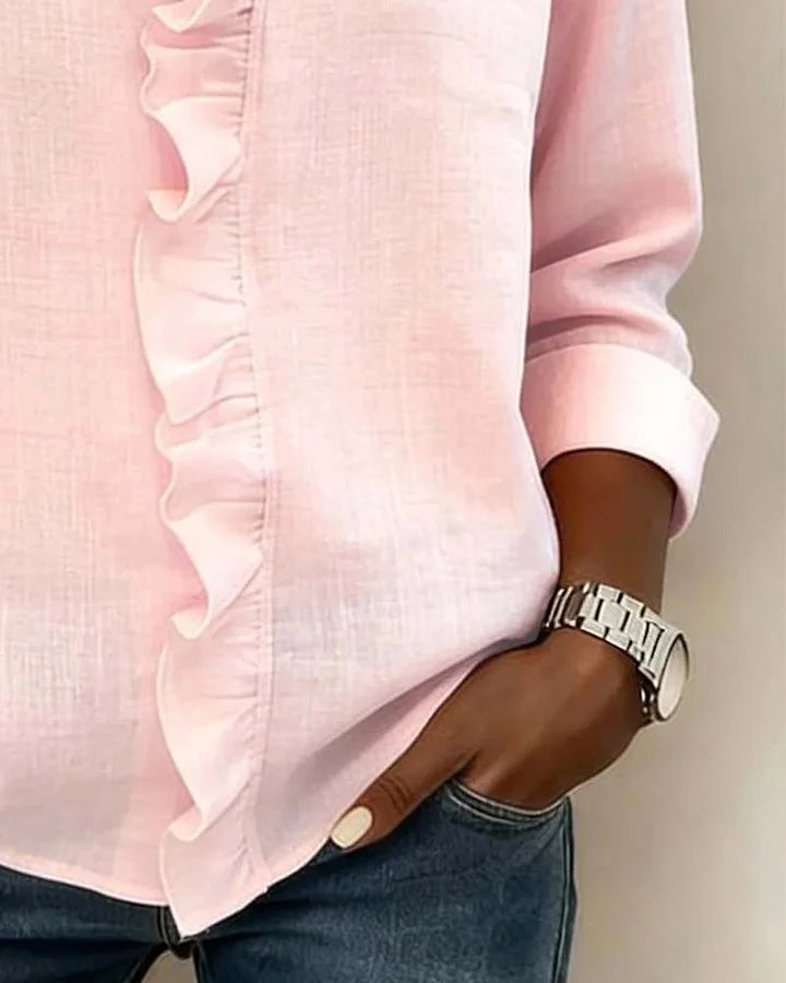 Indie Ruffled Blouse with V-Neck and Long Sleeves