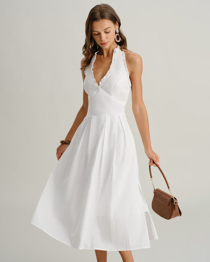 White V Neck Halter Sleeveless Midi Dress