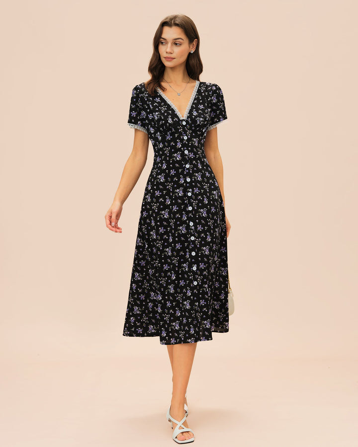Black V Neck Lace Floral Midi Dress
