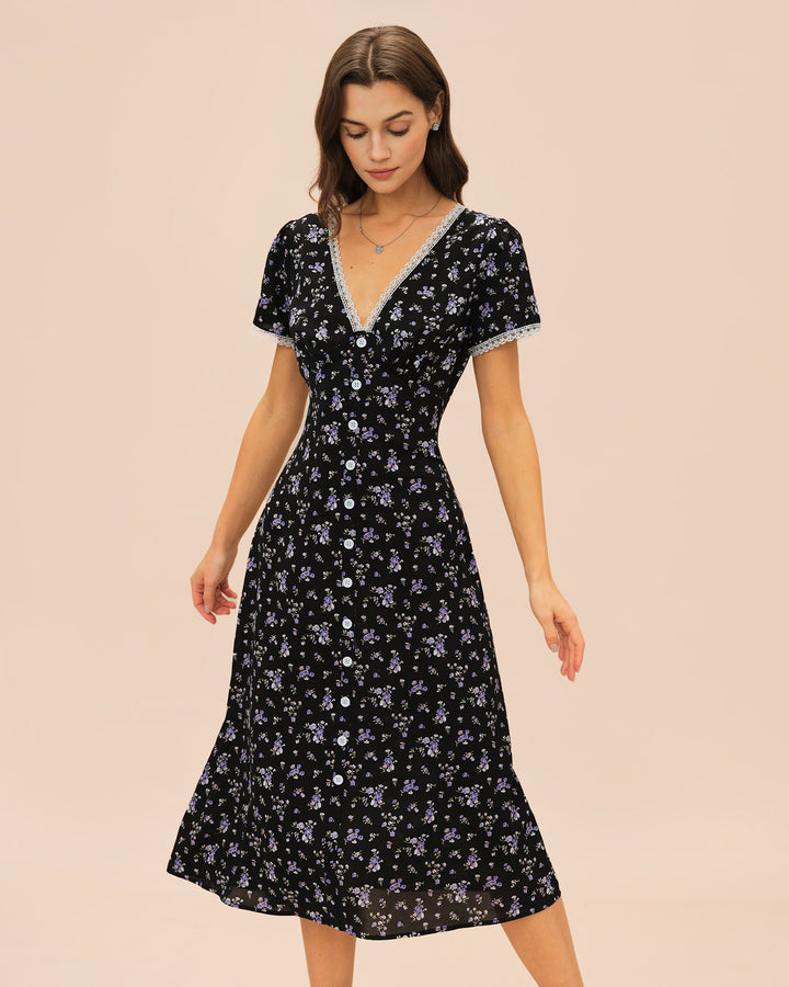 Black V Neck Lace Floral Midi Dress